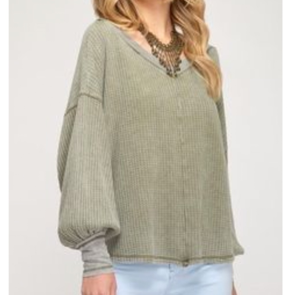 She + Sky - Green Waffle Knit Puff Sleeve Top - Size S